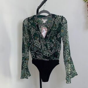 Chic Floral Bodysuit in Green and Black